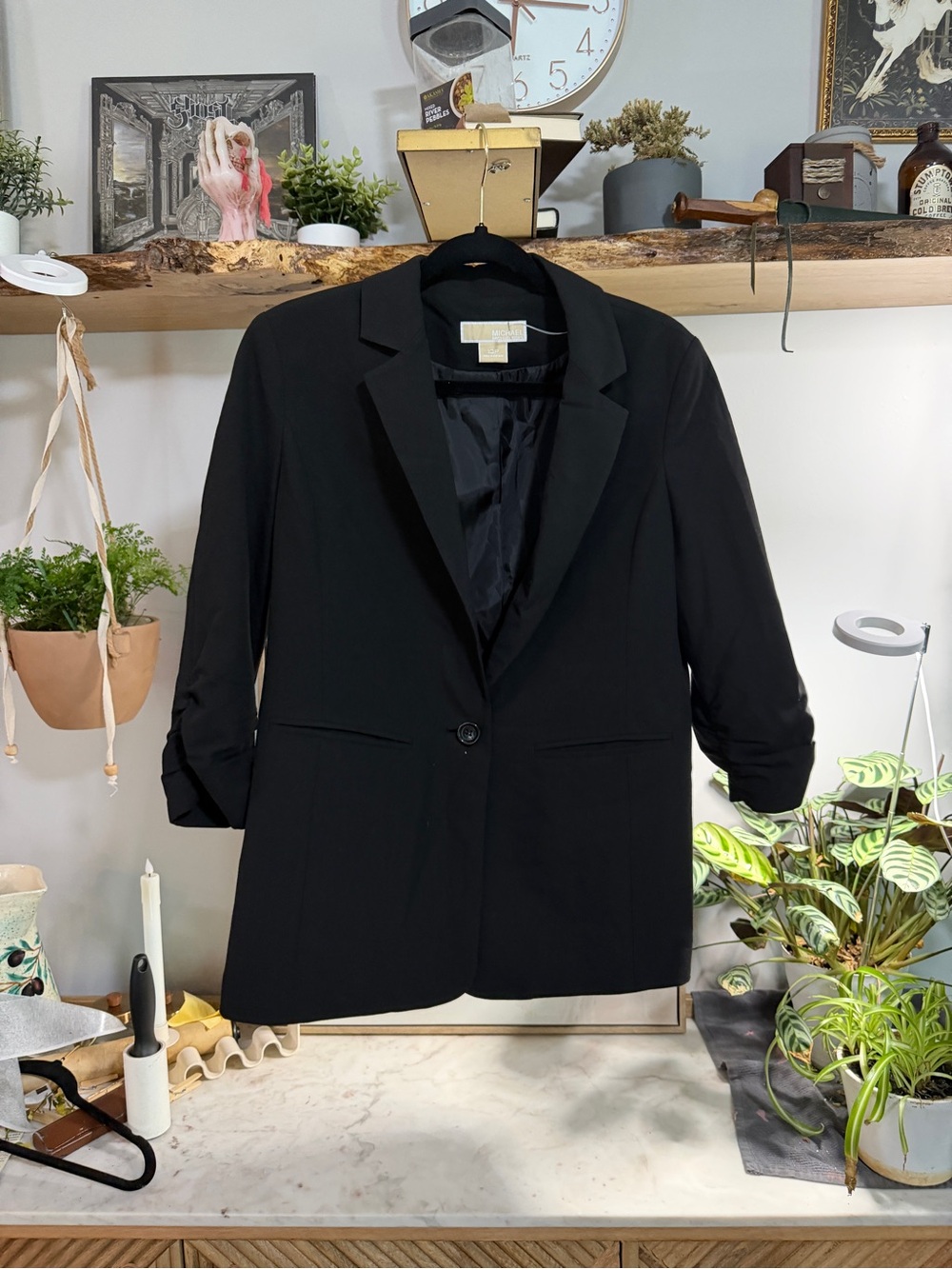 Michael Kors Black Single-Button Women's Blazer, Bunched 3/4 Sleeves